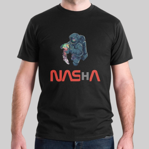 nasHa Printed Polyester Black T-shirt
