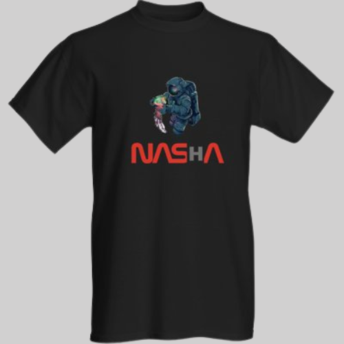 nasHa Printed Polyester Black T-shirt